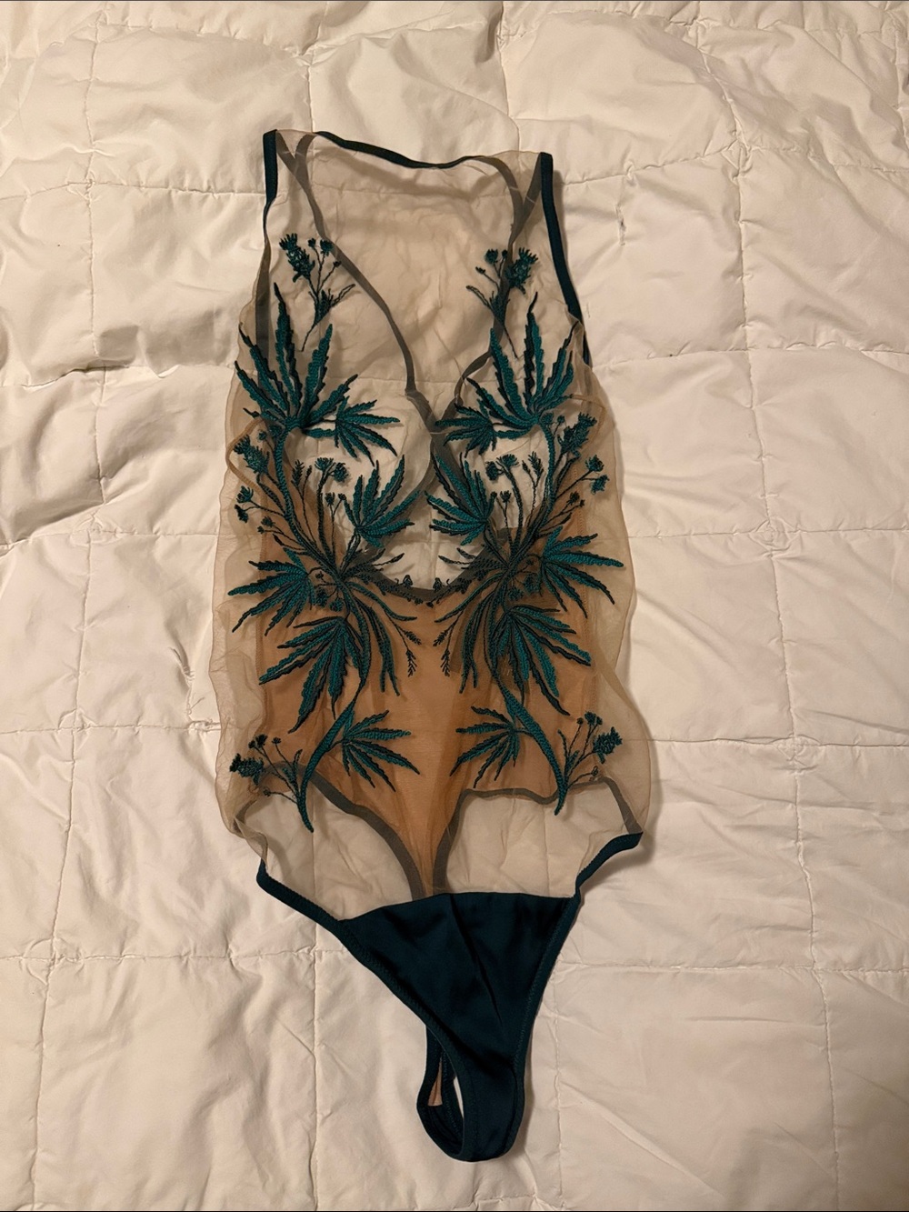Thistle and Spire Teal Embroidered Sheer Bodysuit on Nude